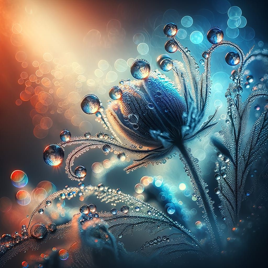 Morning Dew on Plant Reflecting Light, Fantasy Matte Paintin...