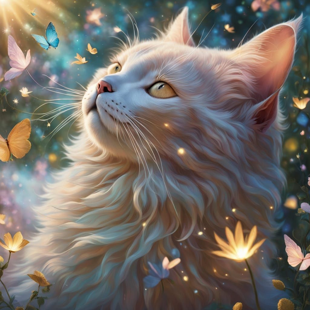 Cat Flying Over Enchanted Garden in Surreal Dreamscape