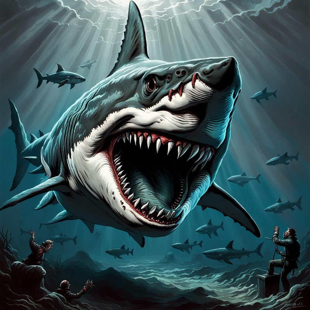 Demonic Eldritch Great White Shark in Horror Style