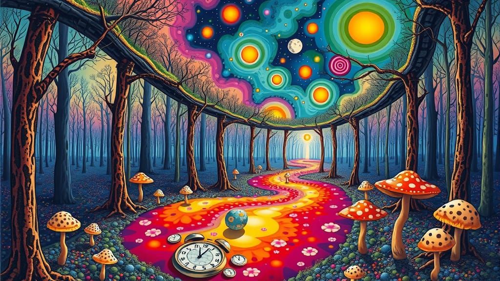 Surrealistic Dreamscape with Mirrored Forest and Time-Warpin...