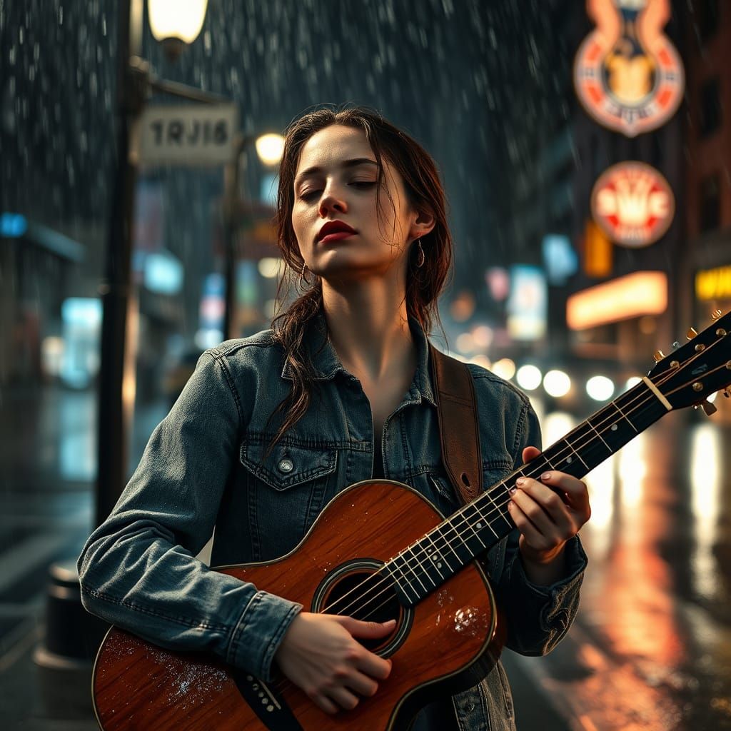 Rainy Street Musician in Hyperrealistic Style