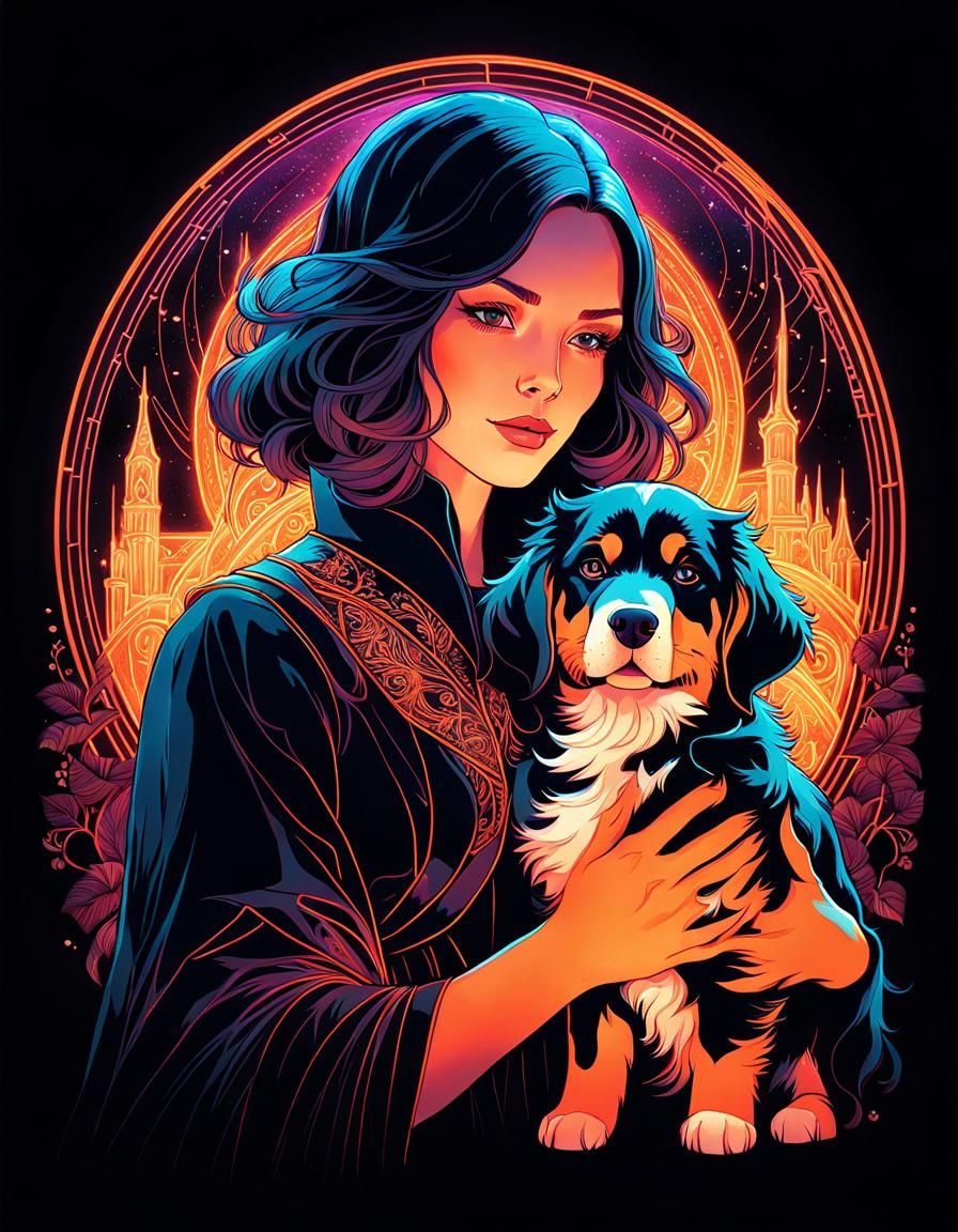 Neon Witch Portrait with Bernese Mountain Dog