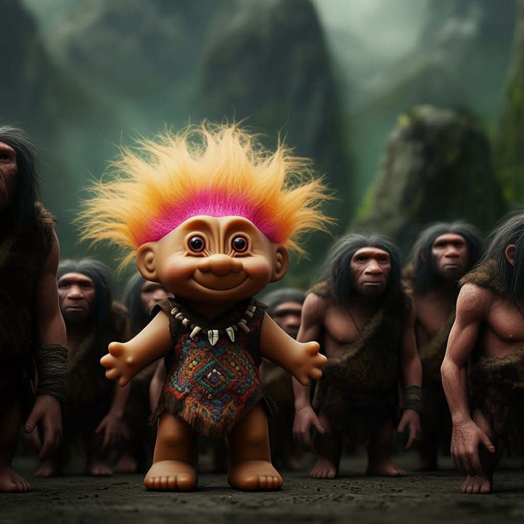 Vibrant Troll Doll Triumphs Amidst Prehistoric Landscape