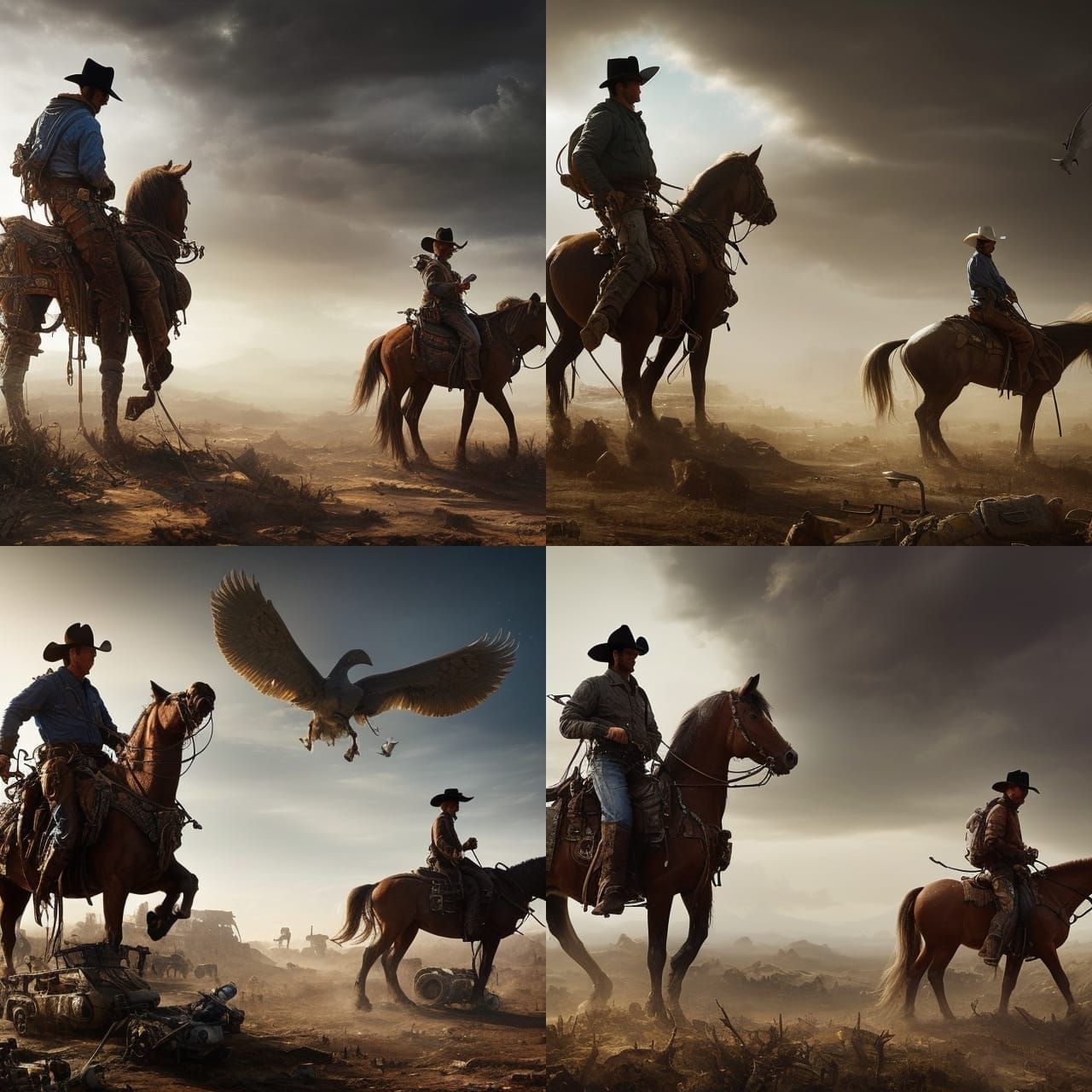 Cowboy on Horse in Post-Apocalyptic Landscape