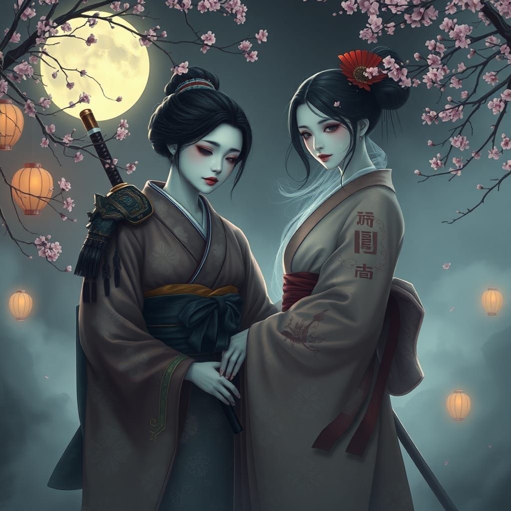 Melancholic Geisha with Ghostly Samurai in Moonlit Garden