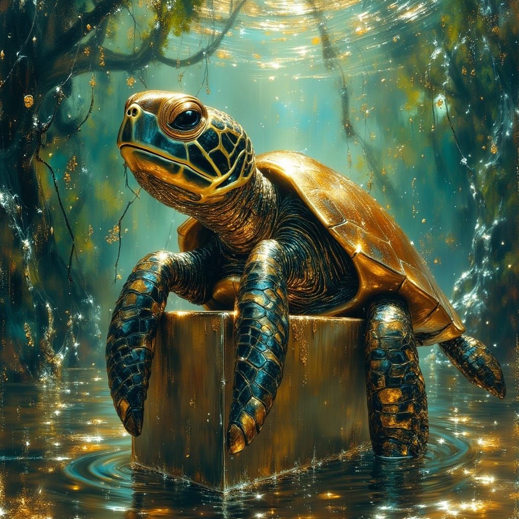 Turtle in a Box with Swirling Seaweed