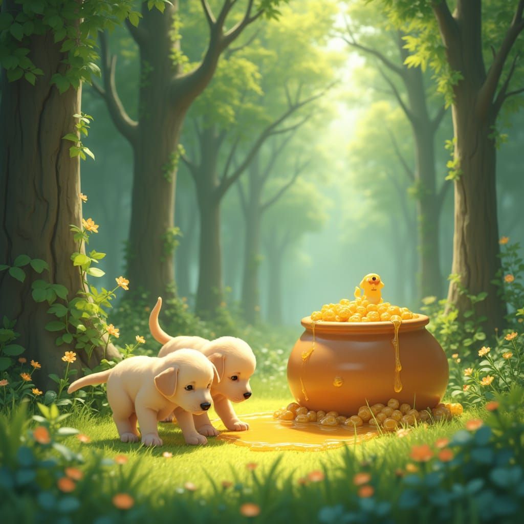 Labrador Puppies Discover Honeypots in Anime-Inspired Forest
