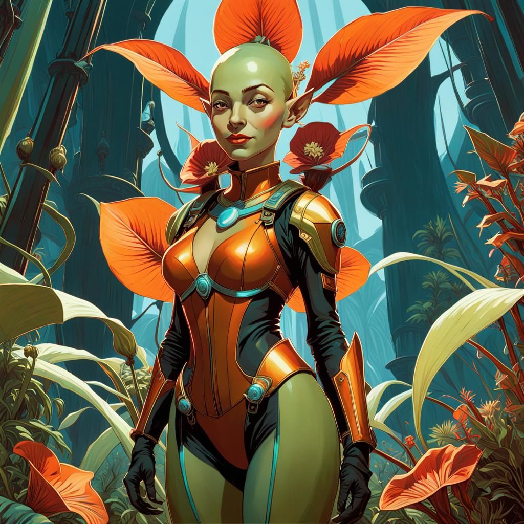 Luminescent Goblin Pilot in Icy Carnivorous Plant Landscape