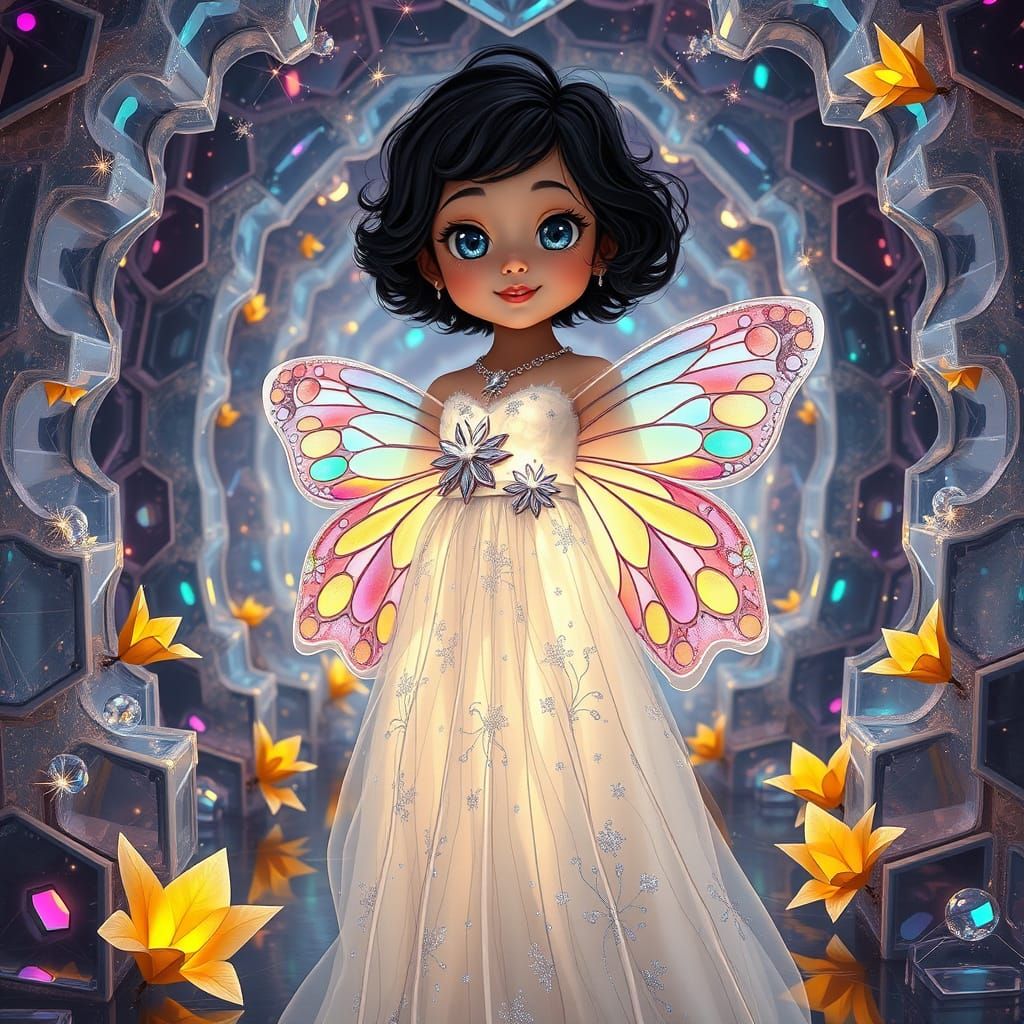 Surreal Momo in Cosmic Labyrinth with Shimmering Gown and Mi...