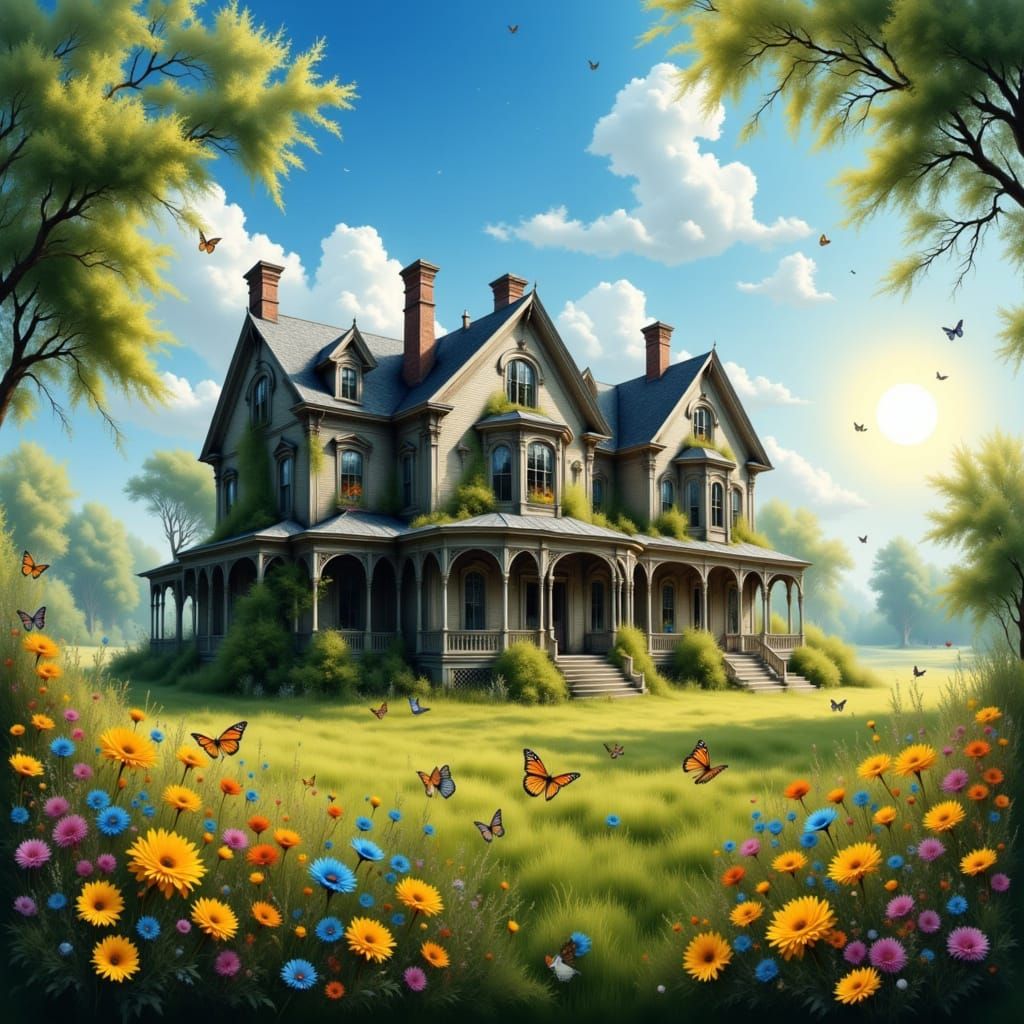 Abandoned Colonial House in Butterfly Field