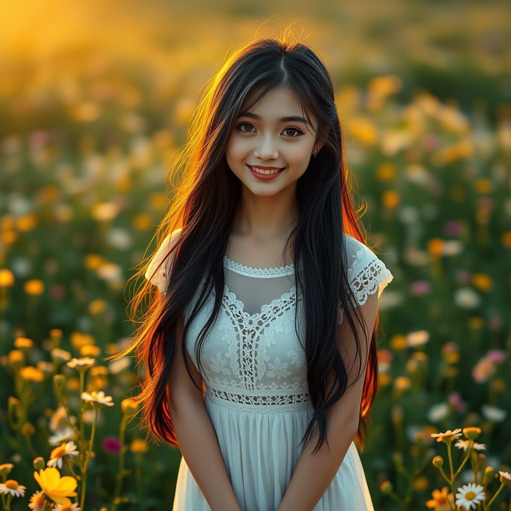 Japanese Woman in Wildflower Field at Dawn