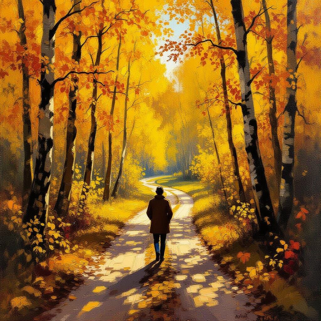 Traveler Contemplates Autumn Paths in Impressionistic Oil Pa...