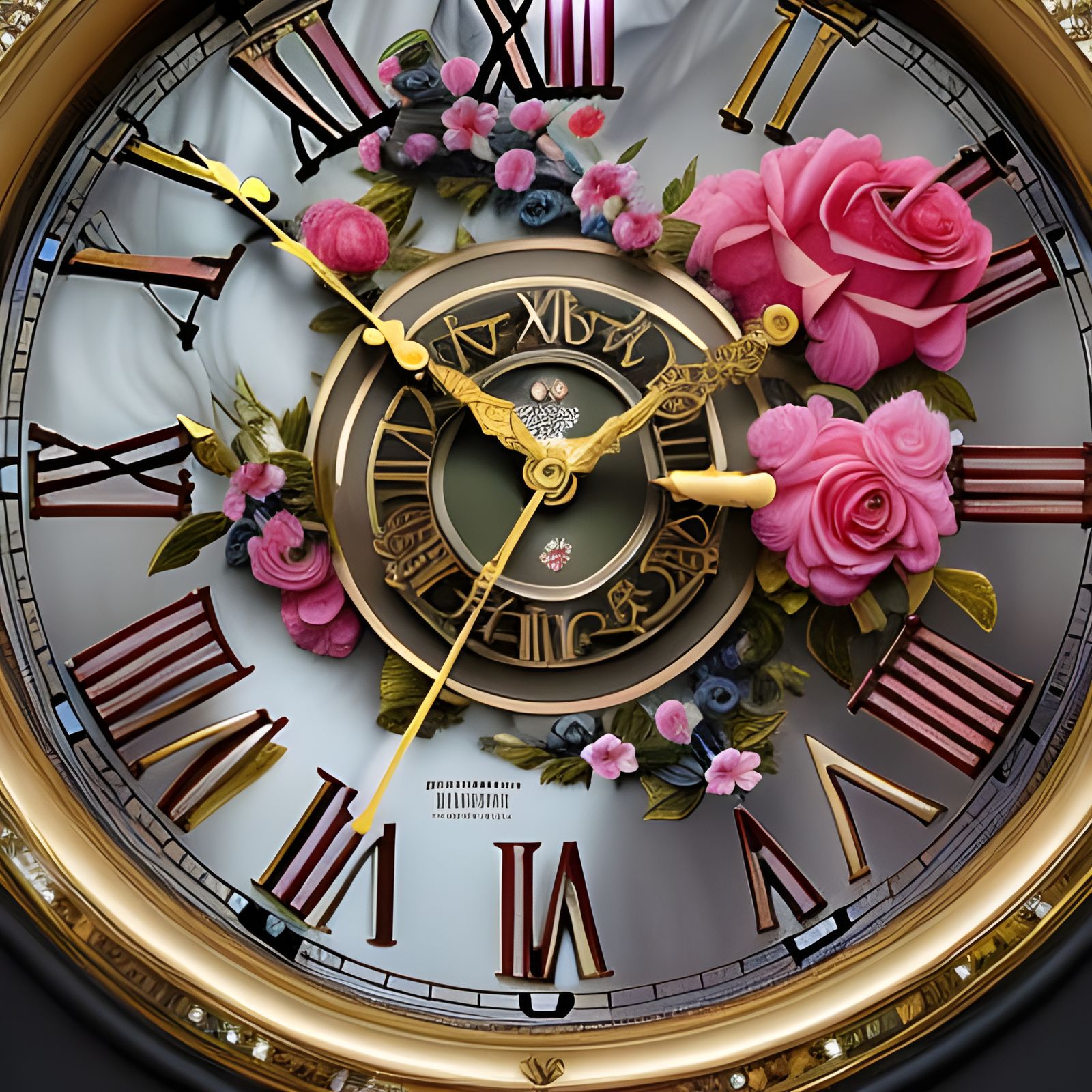Rococo Clock Surrounded by Hearts and Flowers