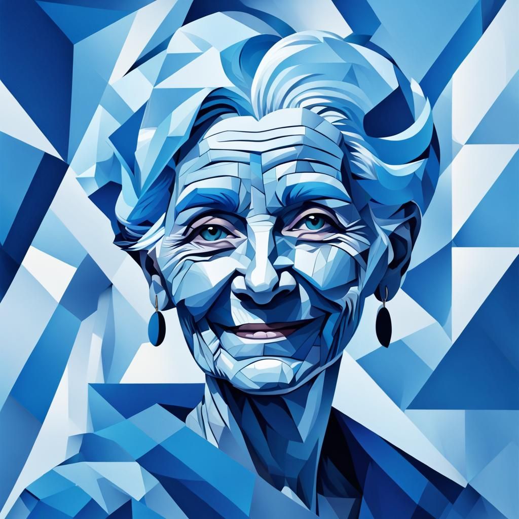 Blue Monochromatic Portrait of Old Woman in Cubist Style