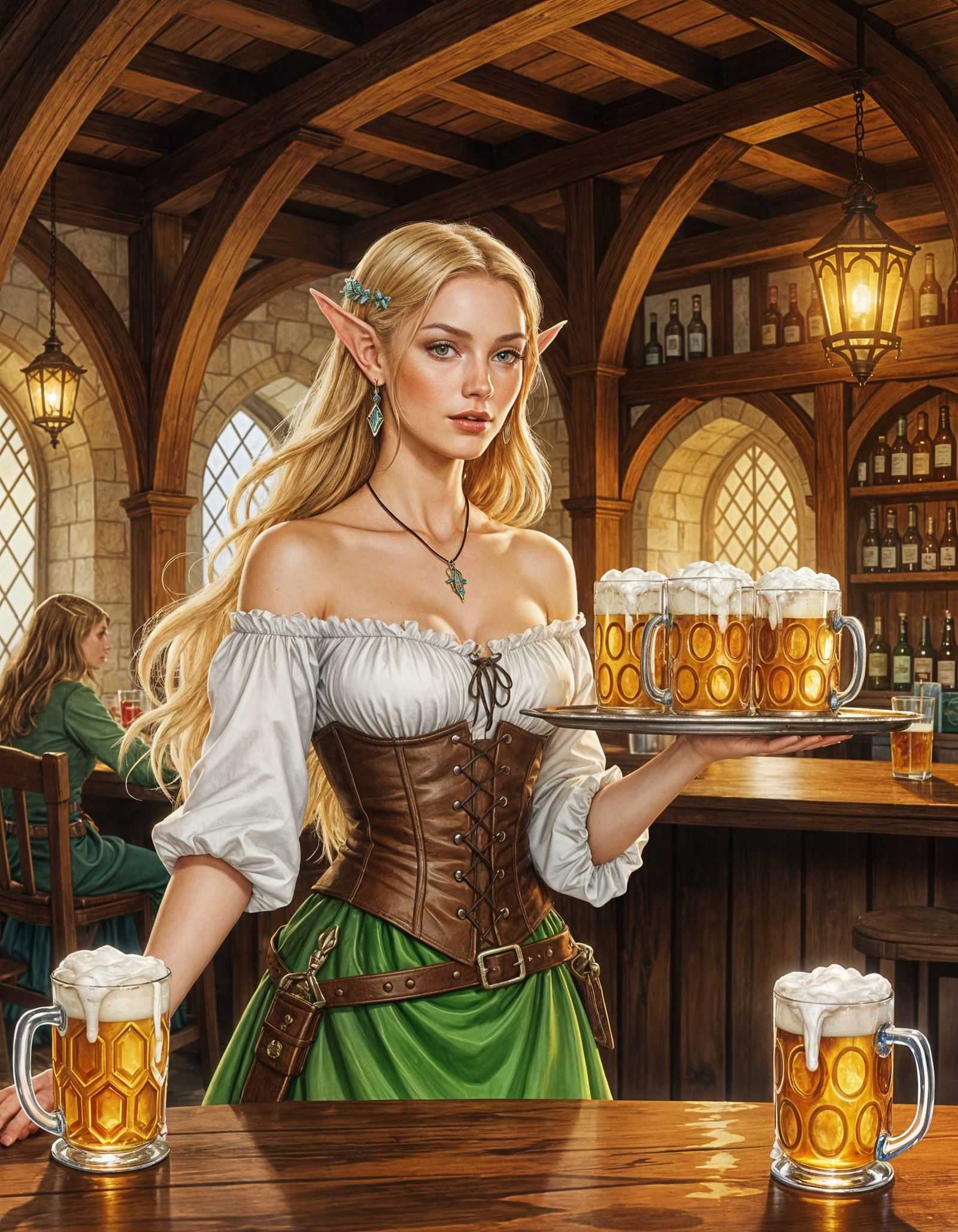 Fantasy Tavern Scene with Elf Barmaid in Gouache Style