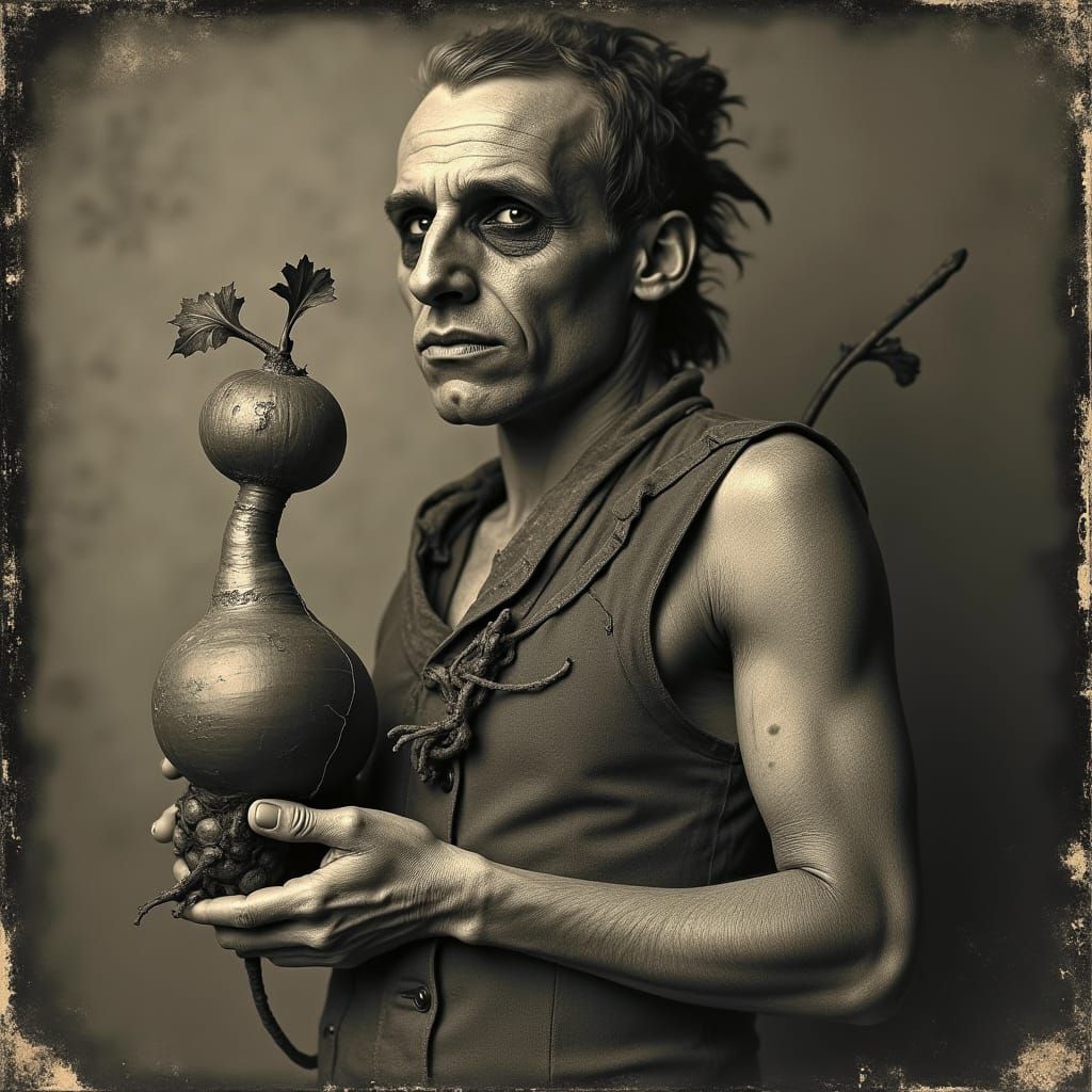 Eerie Victorian Man with Turnip Arm, Assemblage Style