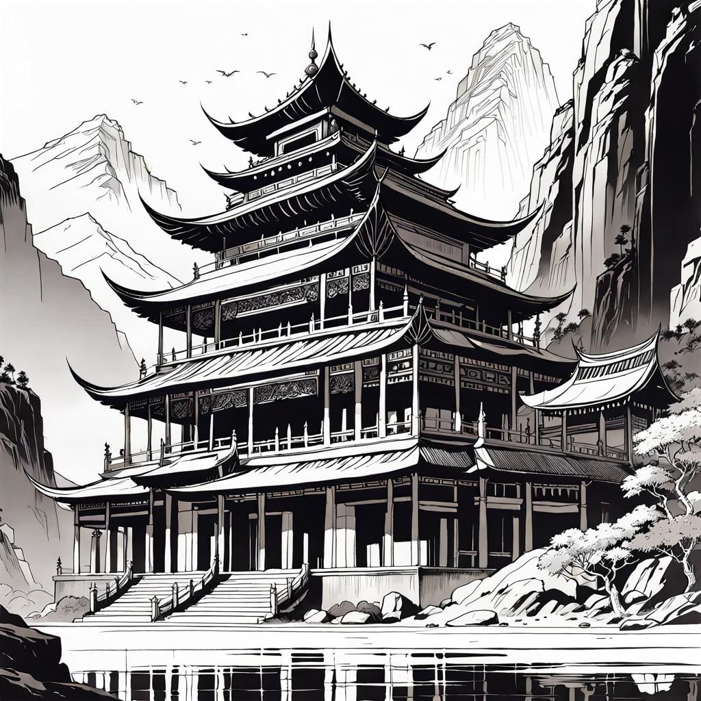 Asian Temple in Mountains: Black and White Line Art