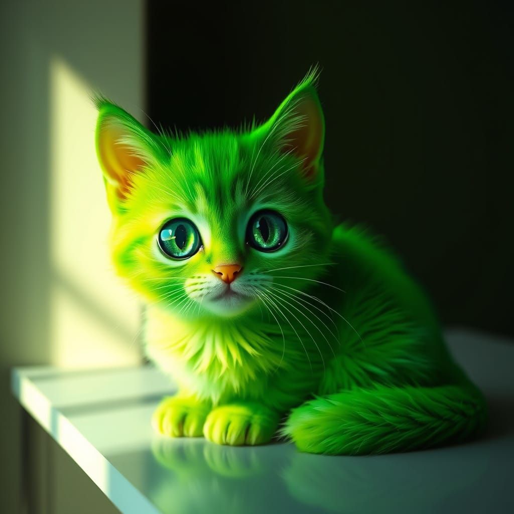 Vibrant Lime Cat in Hyper-Realistic Digital Art