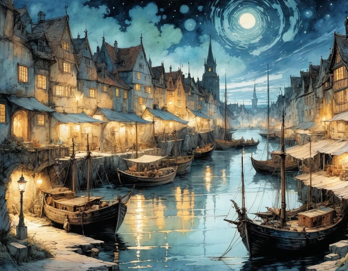 Medieval Port Town Under Starry Sky, Detailed Art