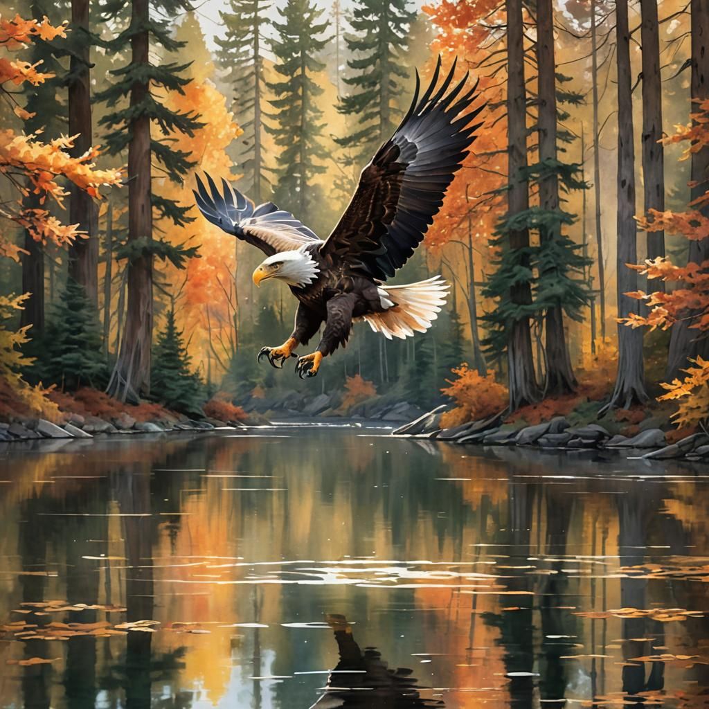 Eagle Soaring Over Autumn Lake in Watercolor Style