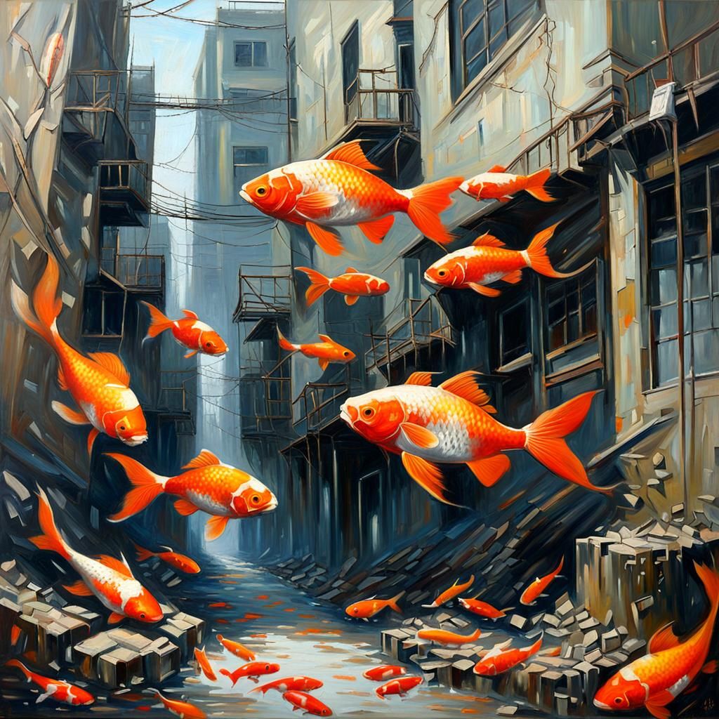 Koi in Urban Decay: An Ashcan School Oil Painting