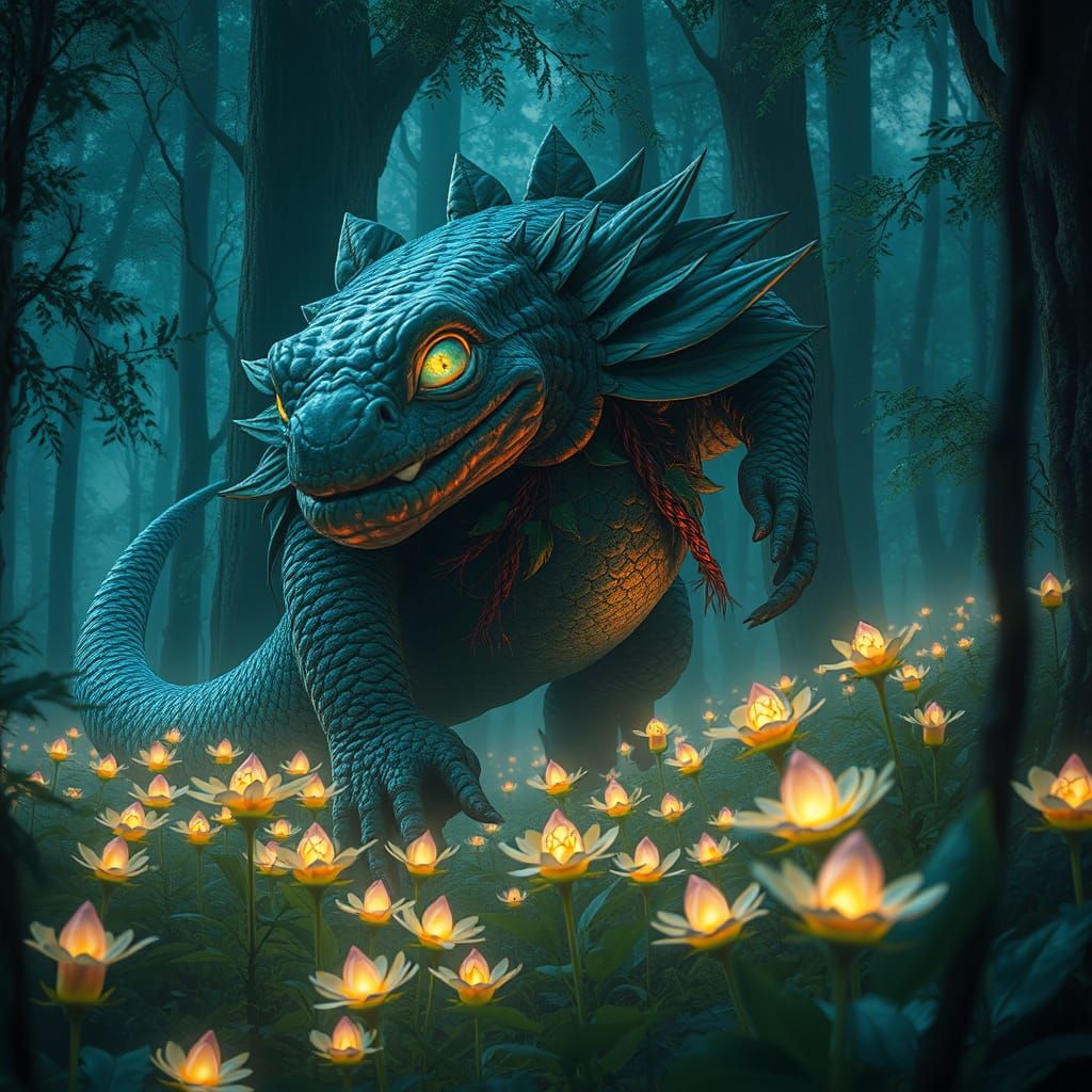 Bioluminescent Forest Creature in a Dreamlike Landscape