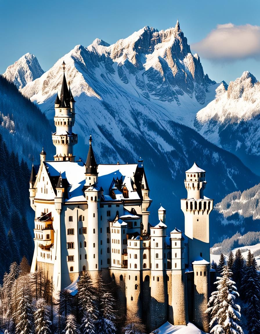 Neuschwanstein Castle Among Snow-Capped Mountains