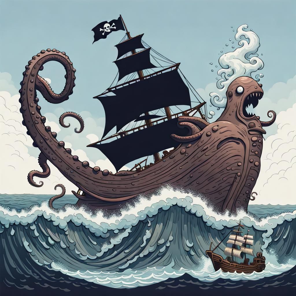 Giant Kraken Wears Pirate Ship Hat