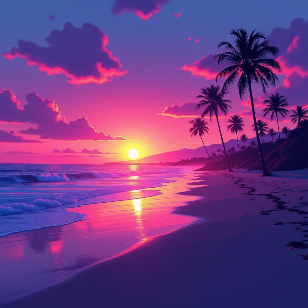 California Coast Sunset with Synthwave Neon Lights