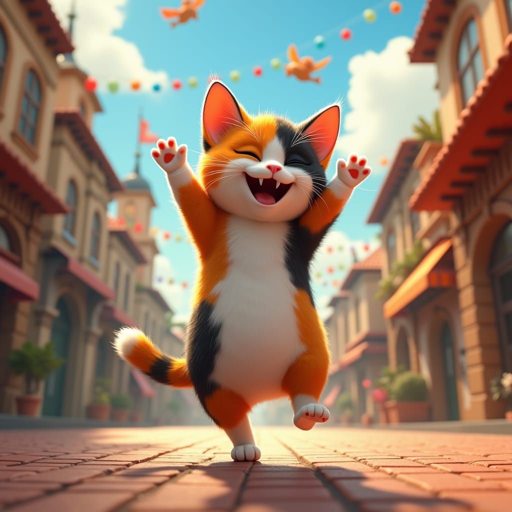 Calico Cat Dancing in Columbia, Digital Art