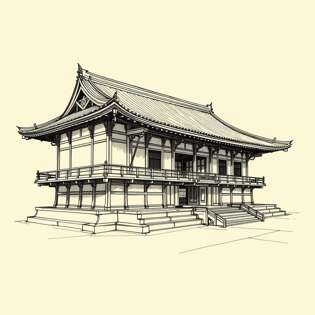 Traditional Japanese Temple Rendering in Monochromatic Ink