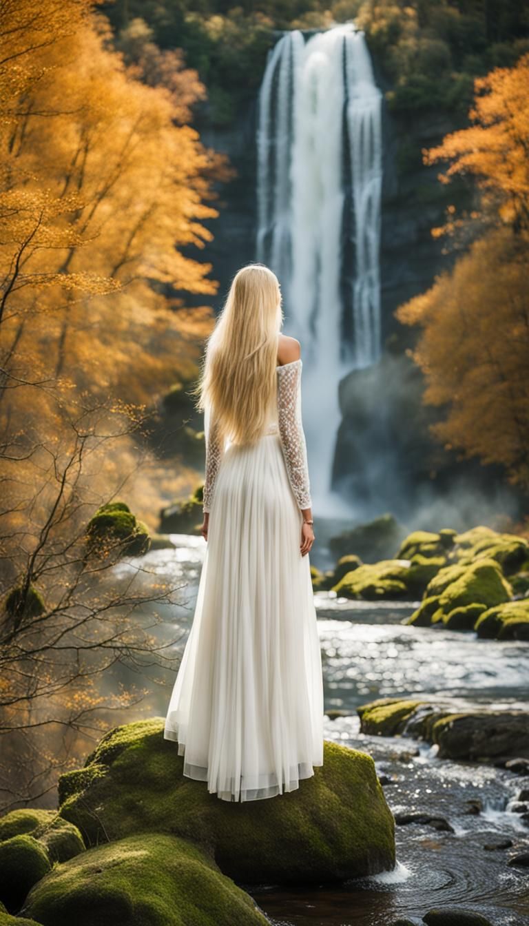 Blond Woman Portrait with Waterfall Background