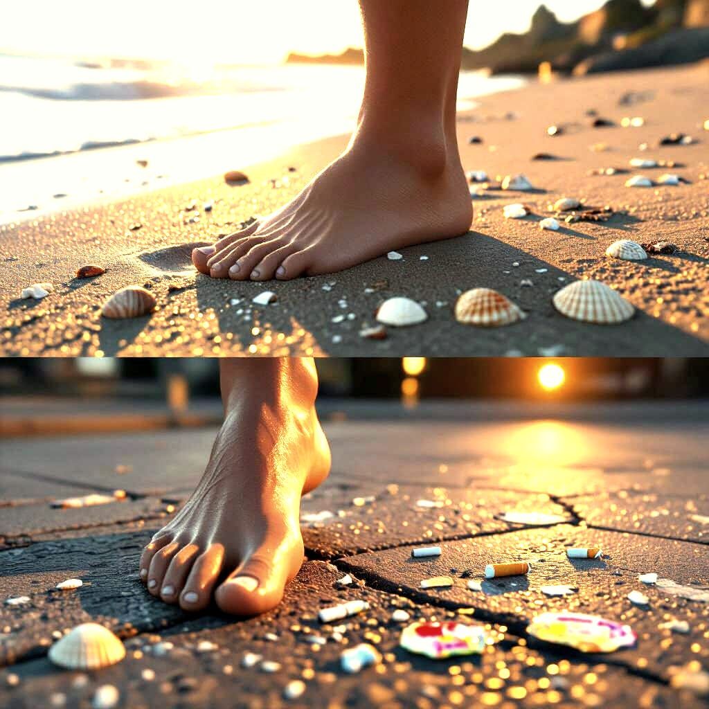 Human Foot Explores Diverse Environments: Beach to City