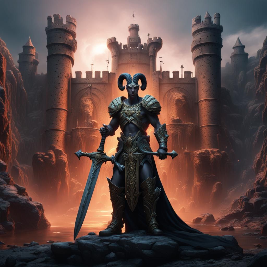 God Aries with Sword and Castle Ruins