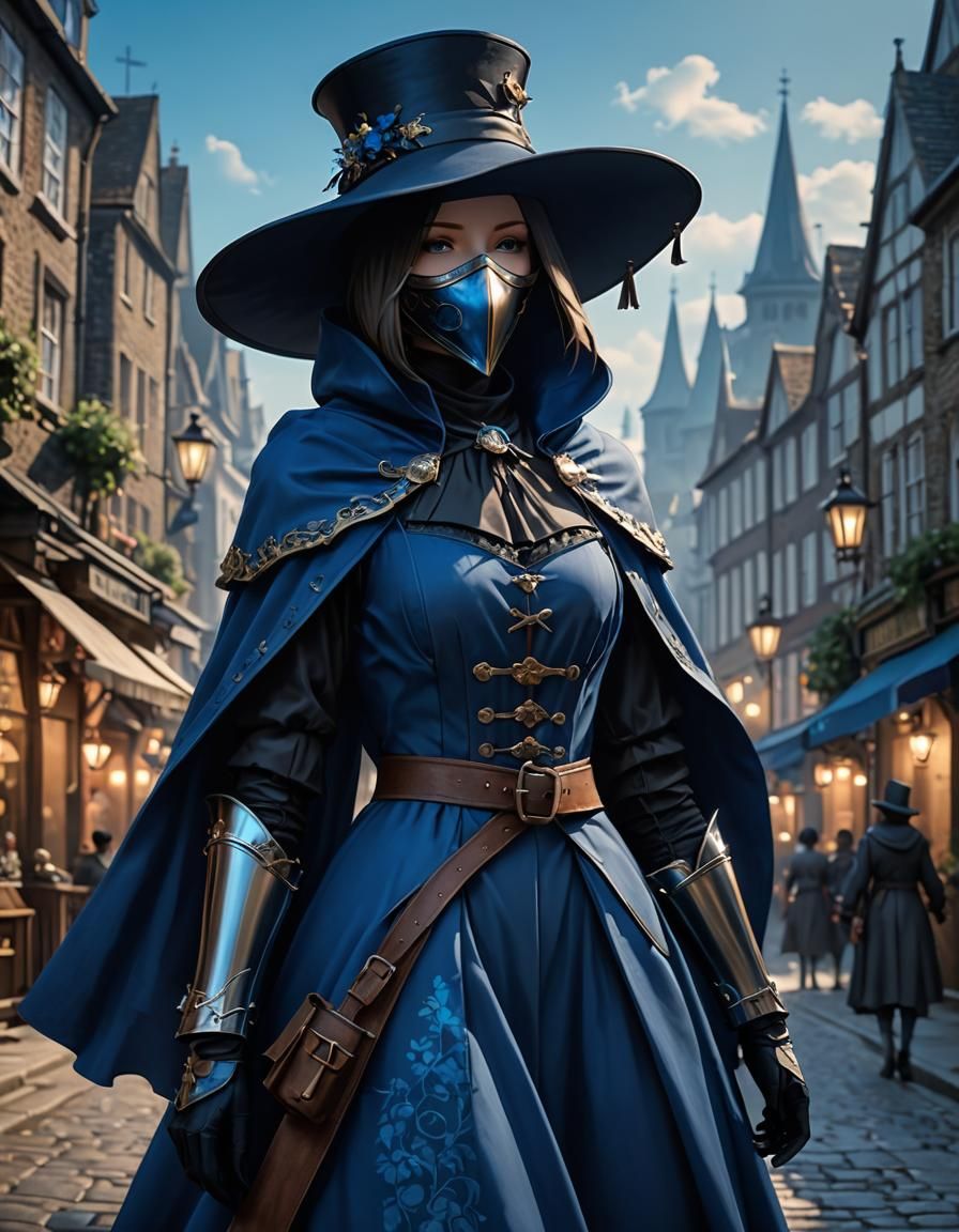 Blue Plague Doctor in Medieval London: 3D Anime Art