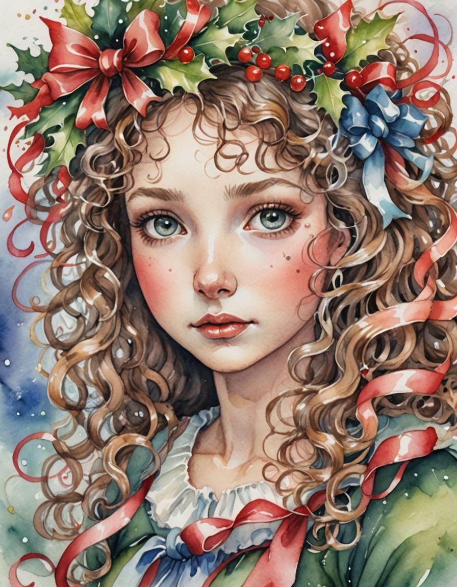 Christmas Fairy Portrait in Watercolor Style