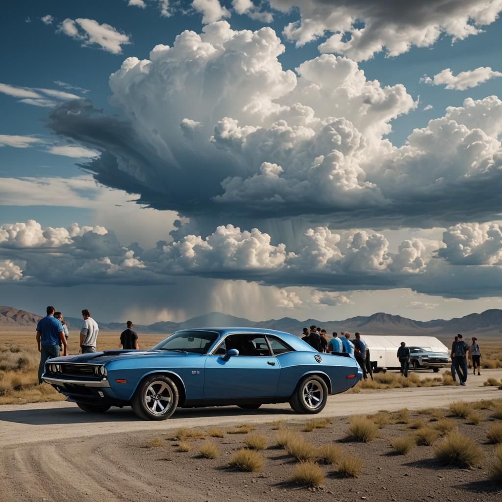 Blue Dodge Challenger with Boys, Outdoor Scene