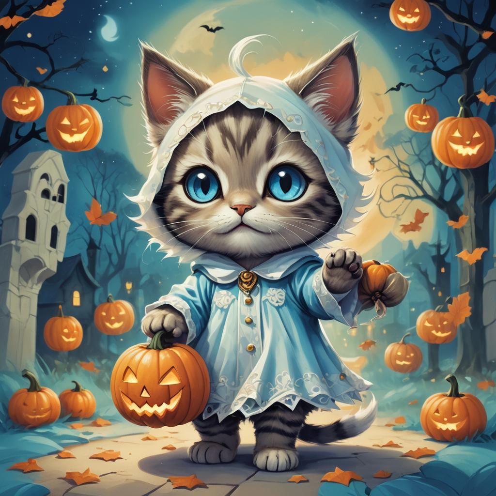 Chibi Kawaii Kitten Ghost in Halloween Setting