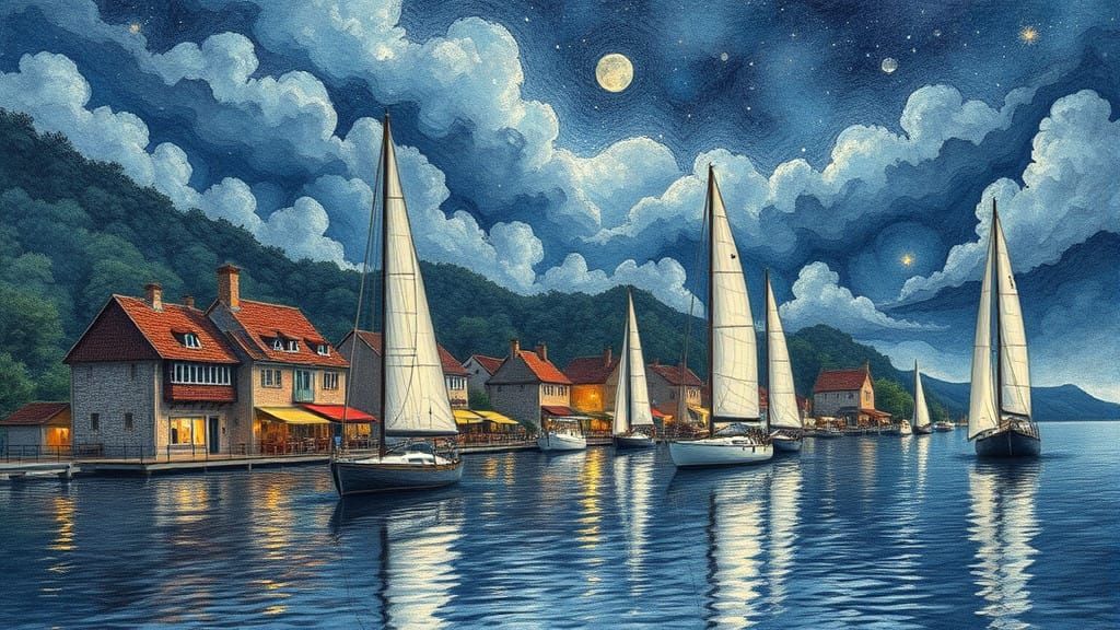 Whimsical Nighttime Village Scene in Intricate Line Drawing....