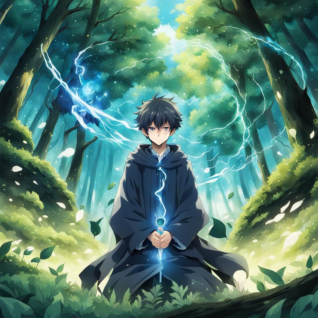 Anime Character Meditating with Flowing Nature Energy