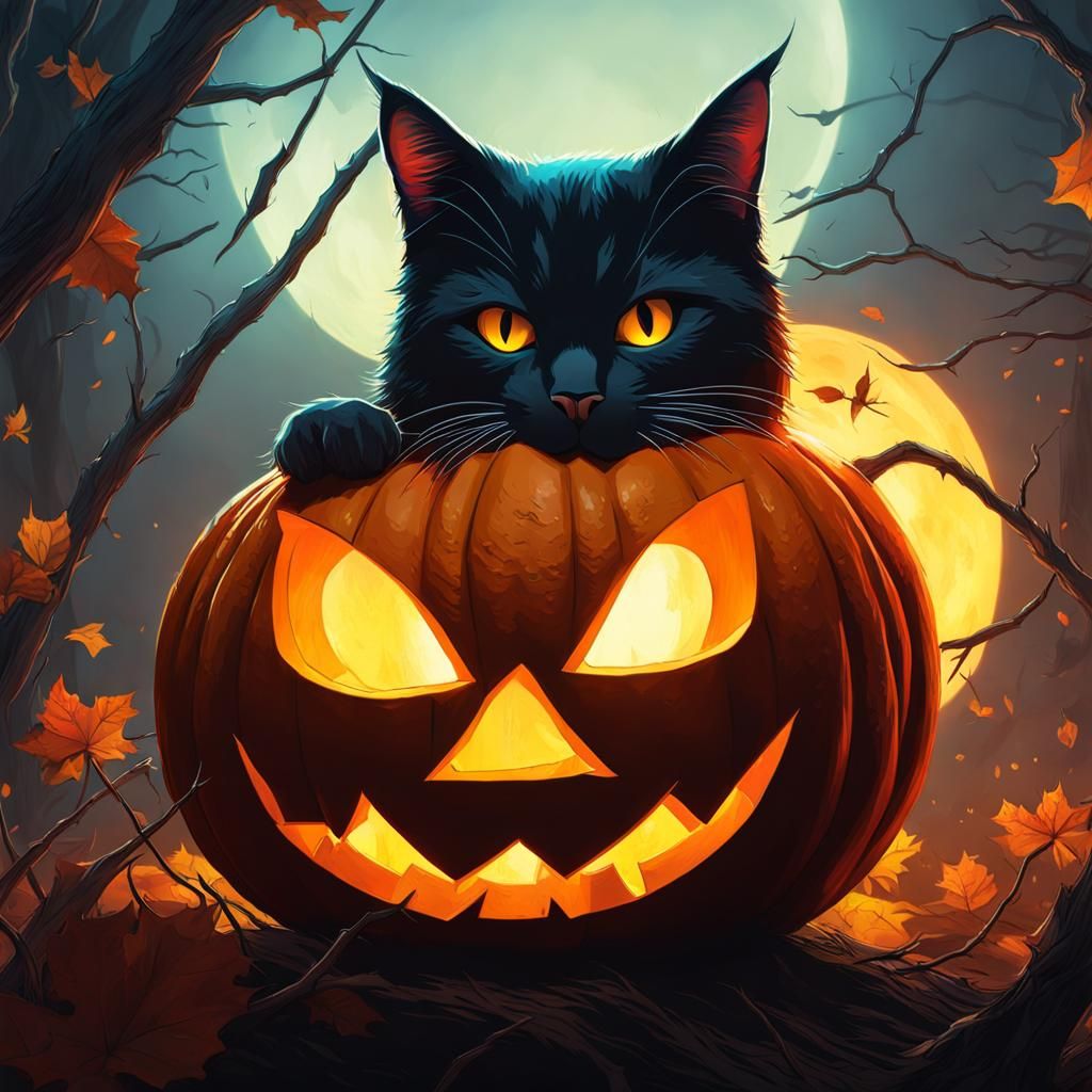Luminous Cat Face Jack-o-Lantern: Dramatic Concept Art