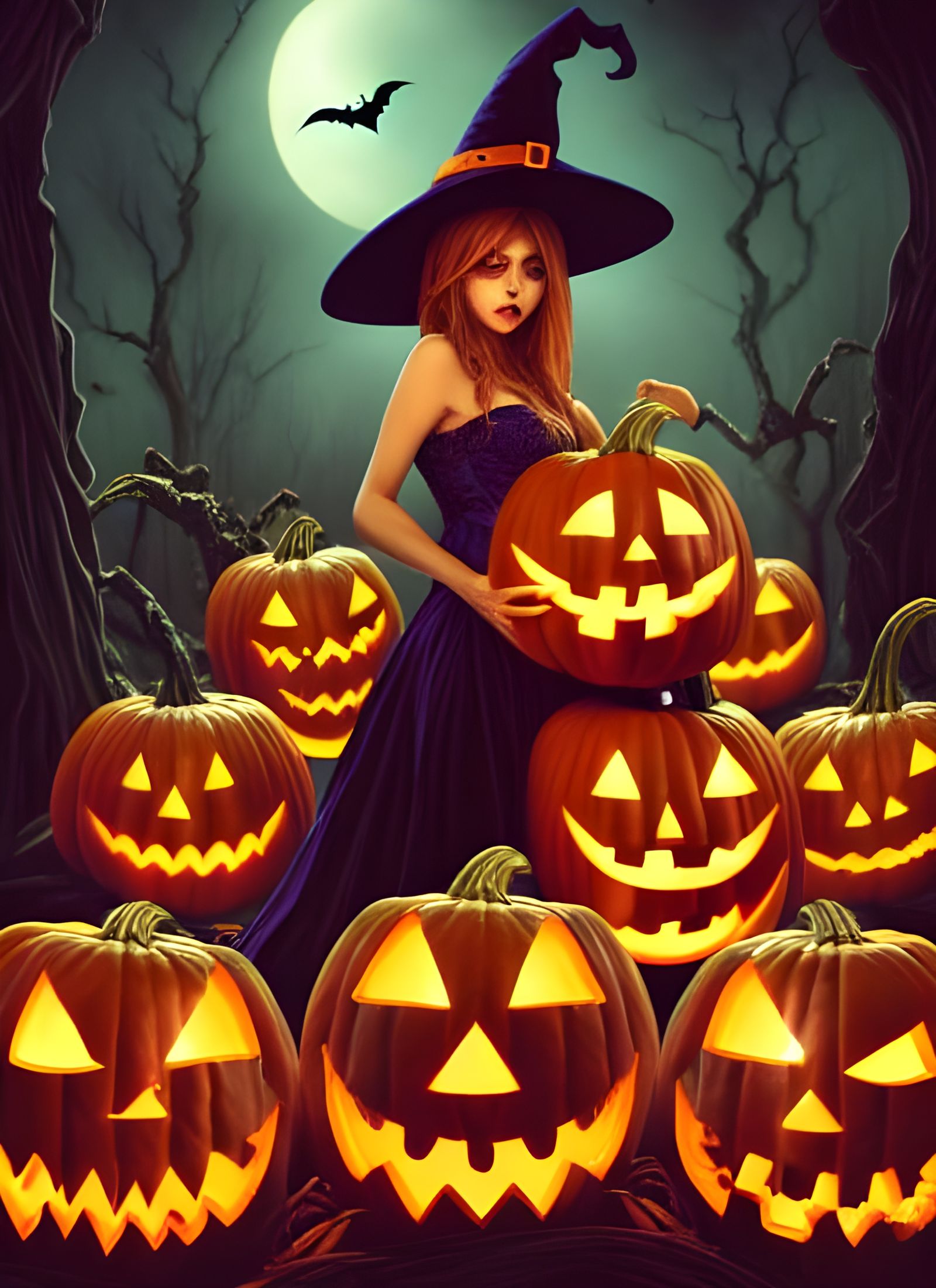 Halloween Witch and Jack-o'-Lanterns in Digital Art Style