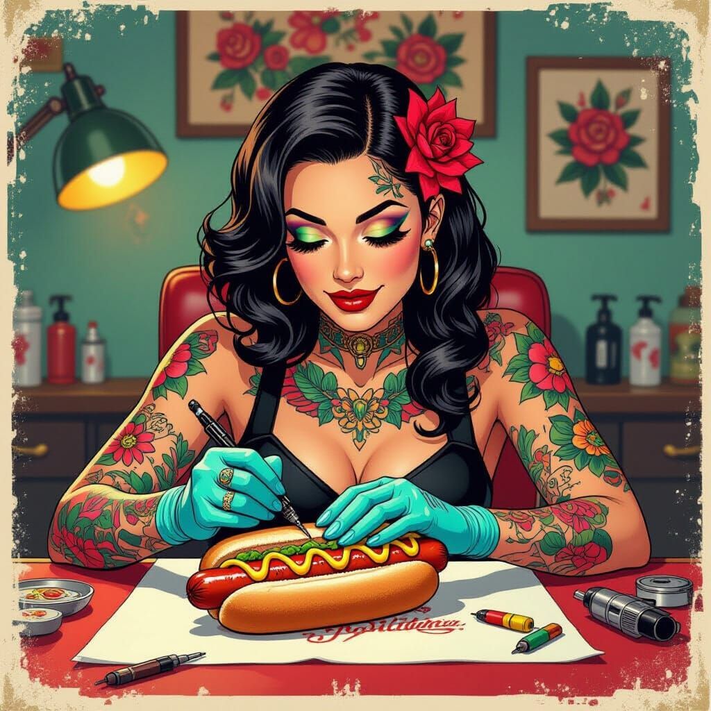 Vintage Tattoo Parlor: Hotdog Gets Inked