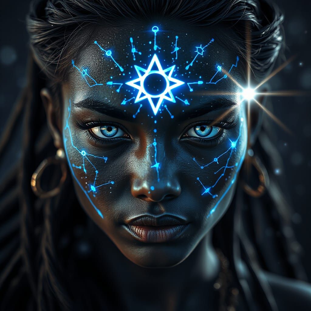 Divine Cosmic Warrior with Glowing Celestial Constellations