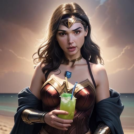 Wonder Woman Relaxing on Alien Beach, Digital Art