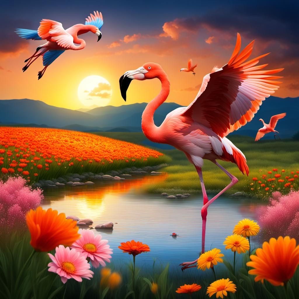 Flamingo in Fantasy Swamp: Surreal Hyperrealistic Art
