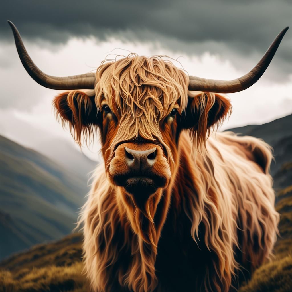 Highland Cow Portrait in Painterly Realism Style