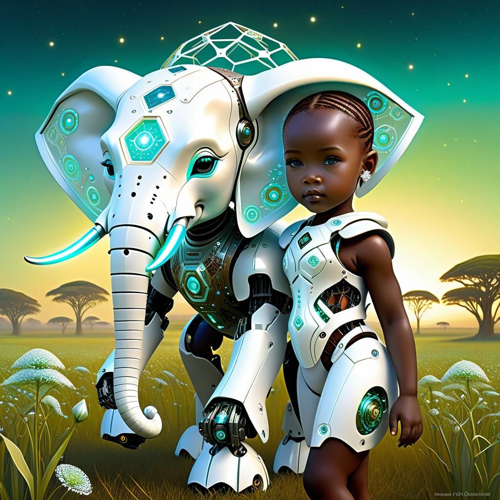 Toddler with Cyberpunk Robotic Pet Elephant