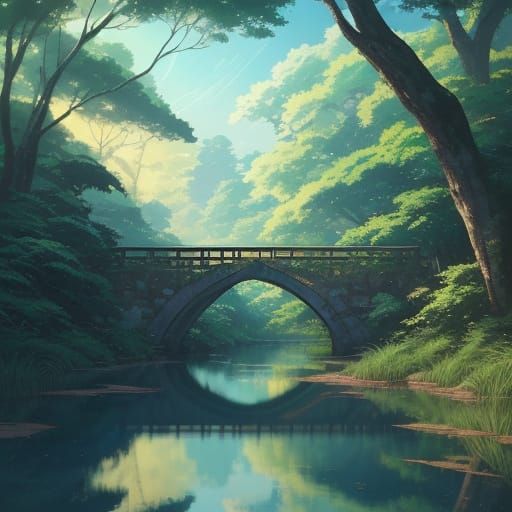 Surreal Anime Landscape with Serene Bridge and Tranquil Rive...