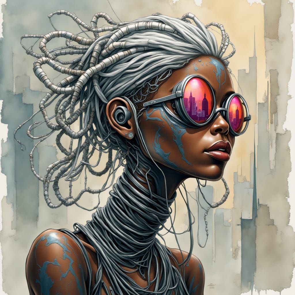 Cyberpunk Cyborg Woman with Fiber Optic Hair